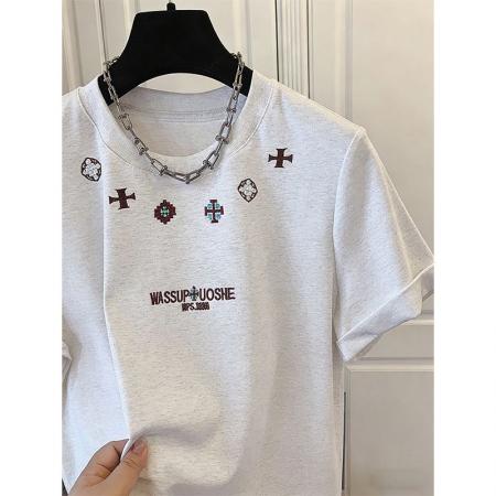 BY18308# 夏季双纱纯棉重磅刺绣男女同款情侣短袖t恤女  服裝批發女裝批發服飾貨源