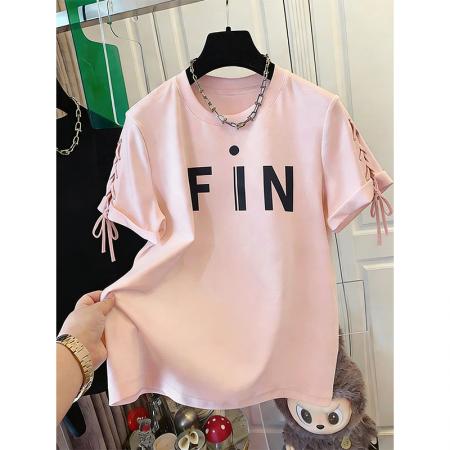 BY18309# 夏季仿棉特大码300斤新款爆款绑带上衣宽松短袖T恤女  服裝批發女裝批發服飾貨源