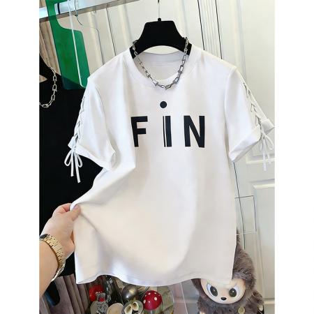 BY18309# 夏季仿棉特大码300斤新款爆款绑带上衣宽松短袖T恤女  服裝批發女裝批發服飾貨源