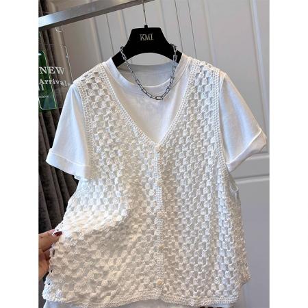 BY18310# 纯棉8个码数特大码足300斤两件套花边马甲短袖t恤女  服裝批發女裝批發服飾貨源