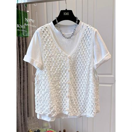 BY18310# 纯棉8个码数特大码足300斤两件套花边马甲短袖t恤女  服裝批發女裝批發服飾貨源