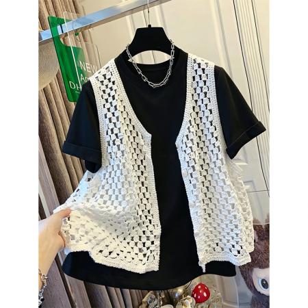 BY18310# 纯棉8个码数特大码足300斤两件套花边马甲短袖t恤女  服裝批發女裝批發服飾貨源