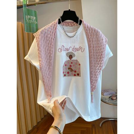 BY18311# 夏季纯棉+披肩8个码数特大码足300斤披肩短袖T恤两件套  服裝批發女裝批發服飾貨源