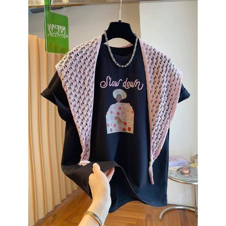 BY18311# 夏季纯棉+披肩8个码数特大码足300斤披肩短袖T恤两件套  服裝批發女裝批發服飾貨源