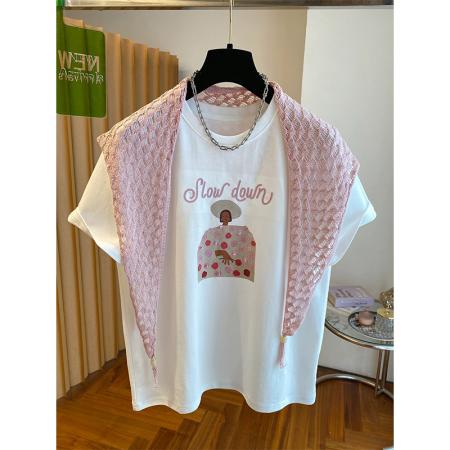 BY18311# 夏季纯棉+披肩8个码数特大码足300斤披肩短袖T恤两件套  服裝批發女裝批發服飾貨源