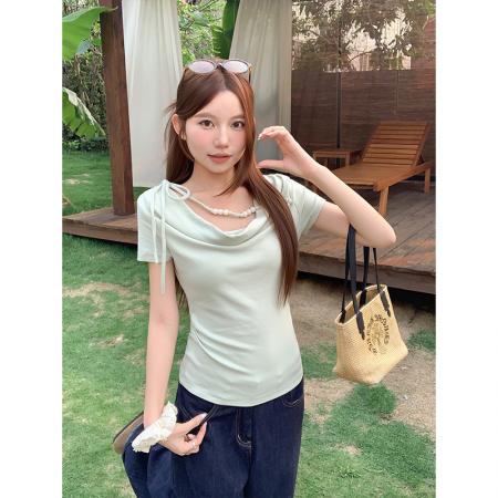 BY18314# 温柔风荡领短袖t恤女夏季新款串珠抽绳设计修身显瘦甜辣上衣  服裝批發女裝批發服飾貨源