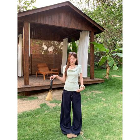 BY18314# 温柔风荡领短袖t恤女夏季新款串珠抽绳设计修身显瘦甜辣上衣  服裝批發女裝批發服飾貨源