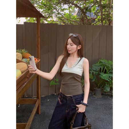 BY18315# 纯欲风蕾丝v领撞色吊带背心女夏季新款辣妹修身气质通勤无袖上衣  服裝批發女裝批發服飾貨源