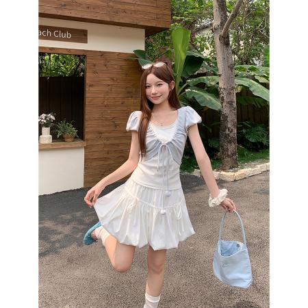 BY18316# 纯欲风假两件绑带短袖t恤女夏季新款泡泡袖修身显瘦甜辣妹短上衣  服裝批發女裝批發服飾貨源