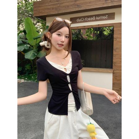 BY18317# 假两件蕾丝拼接短袖t恤女夏季新款纯欲扭结镂空修身显白黄色上衣  服裝批發女裝批發服飾貨源