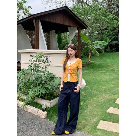 BY18317# 假两件蕾丝拼接短袖t恤女夏季新款纯欲扭结镂空修身显白黄色上衣  服裝批發女裝批發服飾貨源