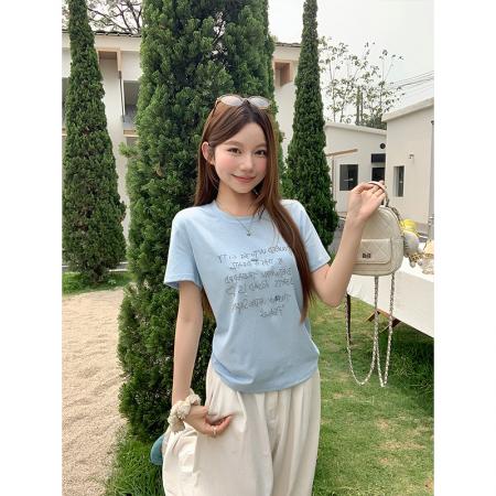 BY18319# 蓝色字母烫钻圆领短袖t恤女夏季韩系休闲慵懒风宽松显瘦百搭上衣  服裝批發女裝批發服飾貨源