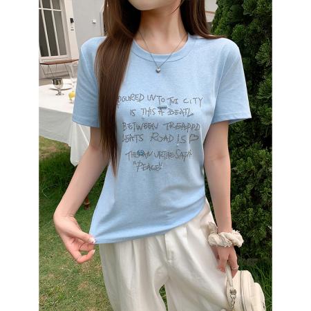 BY18319# 蓝色字母烫钻圆领短袖t恤女夏季韩系休闲慵懒风宽松显瘦百搭上衣  服裝批發女裝批發服飾貨源