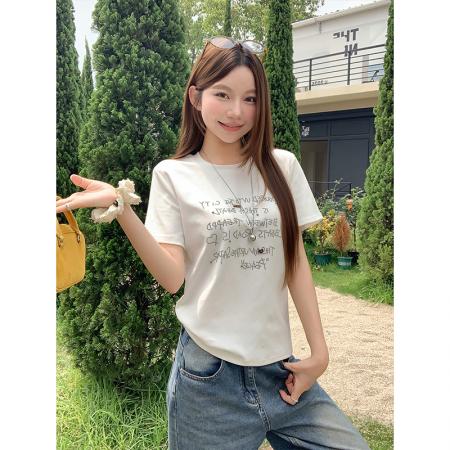 BY18319# 蓝色字母烫钻圆领短袖t恤女夏季韩系休闲慵懒风宽松显瘦百搭上衣  服裝批發女裝批發服飾貨源