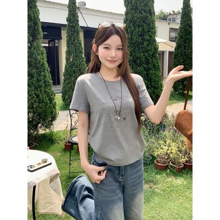 BY18319# 蓝色字母烫钻圆领短袖t恤女夏季韩系休闲慵懒风宽松显瘦百搭上衣  服裝批發女裝批發服飾貨源
