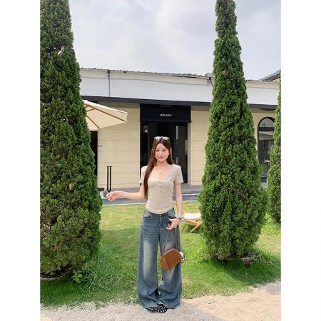 BY18320# 白色v领铆钉亨利领短袖t恤女夏季新款纯欲风修身显瘦正肩短款上衣  服裝批發女裝批發服飾貨源