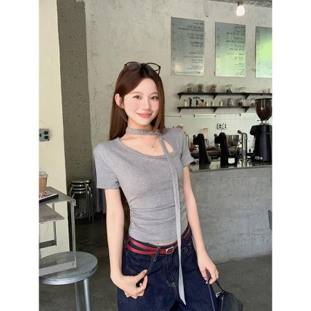 BY18321# 韩系飘带围脖短袖t恤女夏季新款辣妹风修身显瘦纯欲百搭短款上衣  服裝批發女裝批發服飾貨源