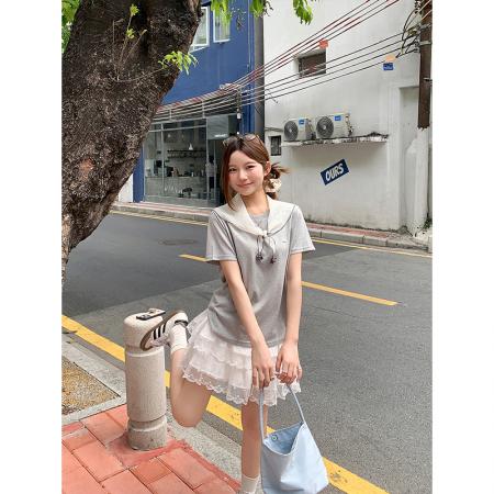 BY18322# 真两件披肩圆领短袖t恤衫女夏季新款韩系温柔风宽松显瘦百搭上衣  服裝批發女裝批發服飾貨源