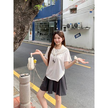 BY18322# 真两件披肩圆领短袖t恤衫女夏季新款韩系温柔风宽松显瘦百搭上衣  服裝批發女裝批發服飾貨源