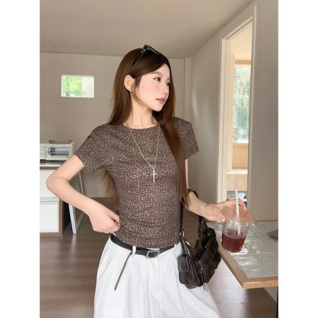 BY18323# 美式复古豹纹印花t恤女夏季新款宽松显瘦圆领休闲百搭衫上衣  服裝批發女裝批發服飾貨源