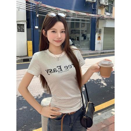 BY18324# 条纹字母印花圆领短袖t恤女夏季新款韩系设计感修身显瘦正肩上衣  服裝批發女裝批發服飾貨源