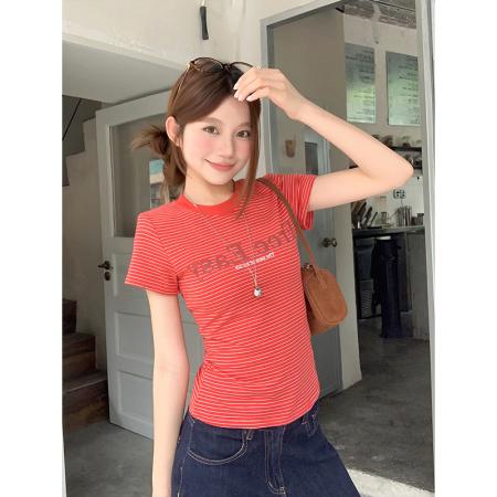 BY18324# 条纹字母印花圆领短袖t恤女夏季新款韩系设计感修身显瘦正肩上衣  服裝批發女裝批發服飾貨源