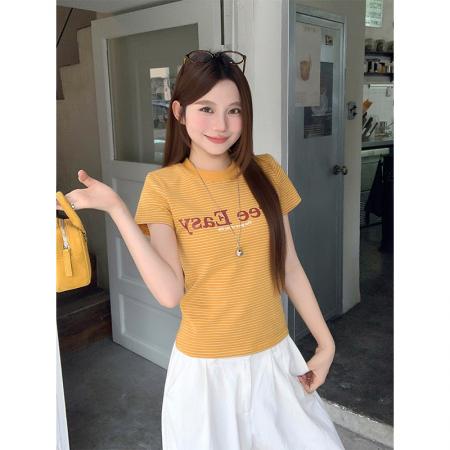 BY18324# 条纹字母印花圆领短袖t恤女夏季新款韩系设计感修身显瘦正肩上衣  服裝批發女裝批發服飾貨源