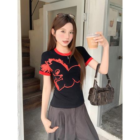 BY18325# 卡通印花撞色圆领短袖t恤女夏季新款设计感小众显白修身百搭上衣  服裝批發女裝批發服飾貨源