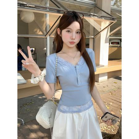 BY18326# 纯欲风蕾丝拼接v领短袖t恤女夏季新款修身显瘦简约百搭衫上衣  服裝批發女裝批發服飾貨源