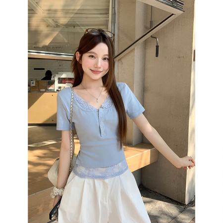BY18326# 纯欲风蕾丝拼接v领短袖t恤女夏季新款修身显瘦简约百搭衫上衣  服裝批發女裝批發服飾貨源