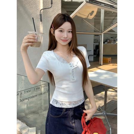 BY18326# 纯欲风蕾丝拼接v领短袖t恤女夏季新款修身显瘦简约百搭衫上衣  服裝批發女裝批發服飾貨源