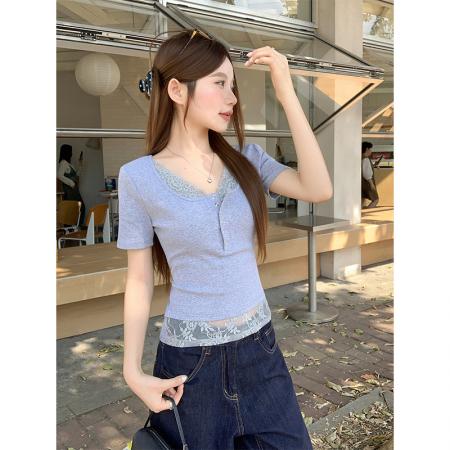 BY18326# 纯欲风蕾丝拼接v领短袖t恤女夏季新款修身显瘦简约百搭衫上衣  服裝批發女裝批發服飾貨源