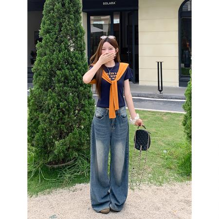 BY18327# 韩系通勤风撞色飘带短袖t恤女夏季新款字母印花修身短款百搭上衣  服裝批發女裝批發服飾貨源