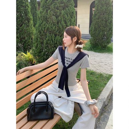 BY18327# 韩系通勤风撞色飘带短袖t恤女夏季新款字母印花修身短款百搭上衣  服裝批發女裝批發服飾貨源