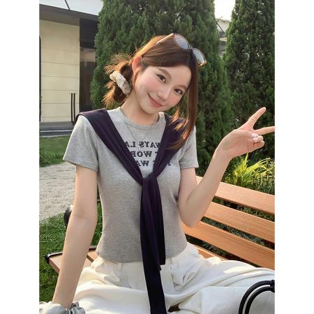 BY18327# 韩系通勤风撞色飘带短袖t恤女夏季新款字母印花修身短款百搭上衣  服裝批發女裝批發服飾貨源