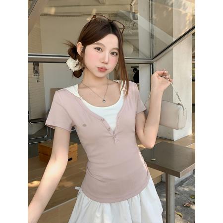 BY18328# 假两件撞色连帽正肩短袖t恤女夏季新款纯欲风修身显瘦上衣  服裝批發女裝批發服飾貨源