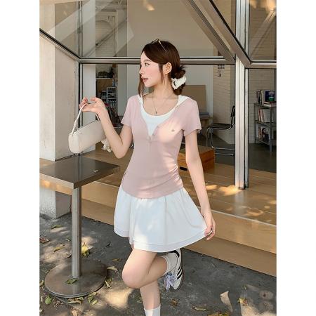 BY18328# 假两件撞色连帽正肩短袖t恤女夏季新款纯欲风修身显瘦上衣  服裝批發女裝批發服飾貨源