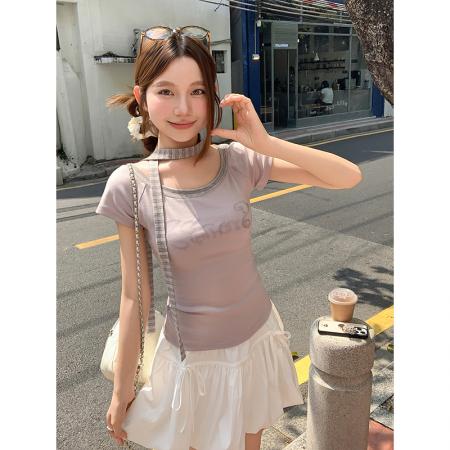 BY18329# 撞色飘带短袖...