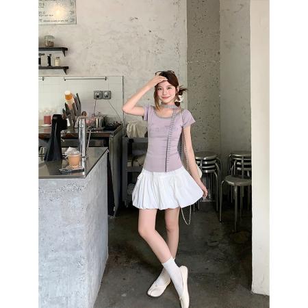 BY18329# 撞色飘带短袖t恤女夏季新款韩系修身显瘦字母印花辣妹短上衣  服裝批發女裝批發服飾貨源