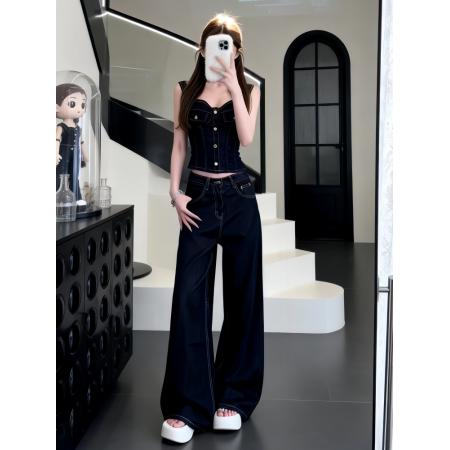 BY18332# 美式复古牛仔套装女夏季新款纽扣修身吊带上衣设计感阔腿裤两件套  服裝批發女裝批發服飾貨源