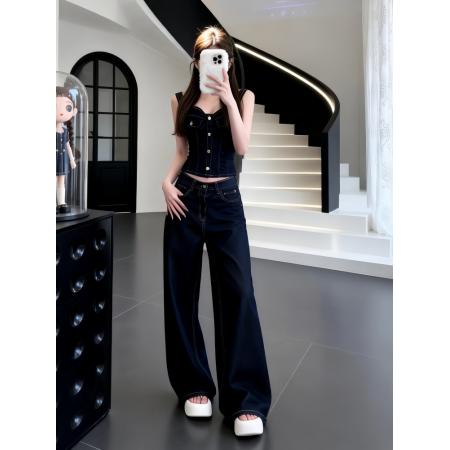 BY18332# 美式复古牛仔套装女夏季新款纽扣修身吊带上衣设计感阔腿裤两件套  服裝批發女裝批發服飾貨源