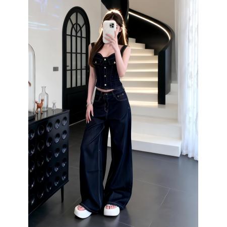 BY18332# 美式复古牛仔套装女夏季新款纽扣修身吊带上衣设计感阔腿裤两件套  服裝批發女裝批發服飾貨源