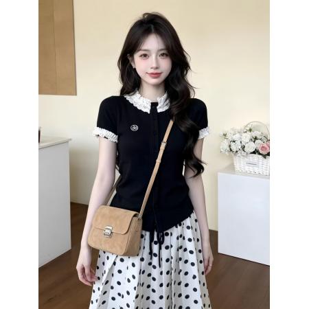 BY18333# 初夏独特绝美小套装女新款学院风木耳边短袖T恤波点半身裙两件套  服裝批發女裝批發服飾貨源