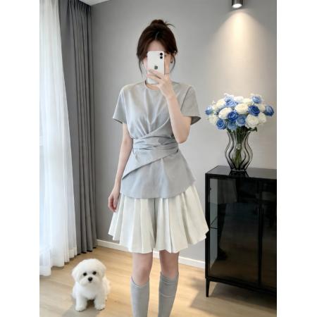 BY18334# 独特设计感漂亮套装女夏季新款收腰短袖上衣百褶半身裙两件套  服裝批發女裝批發服飾貨源