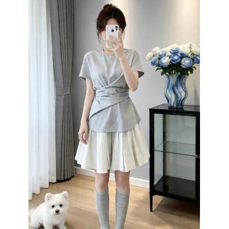 BY18334# 独特设计感漂亮套装女夏季新款收腰短袖上衣百褶半身裙两件套  服裝批發女裝批發服飾貨源
