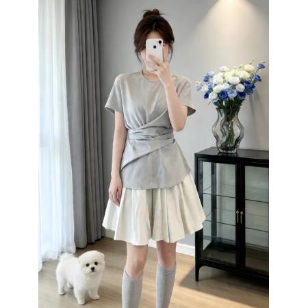 BY18334# 独特设计感漂亮套装女夏季新款收腰短袖上衣百褶半身裙两件套  服裝批發女裝批發服飾貨源