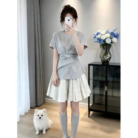 BY18334# 独特设计感漂亮套装女夏季新款收腰短袖上衣百褶半身裙两件套  服裝批發女裝批發服飾貨源