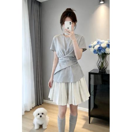BY18334# 独特设计感漂亮套装女夏季新款收腰短袖上衣百褶半身裙两件套  服裝批發女裝批發服飾貨源