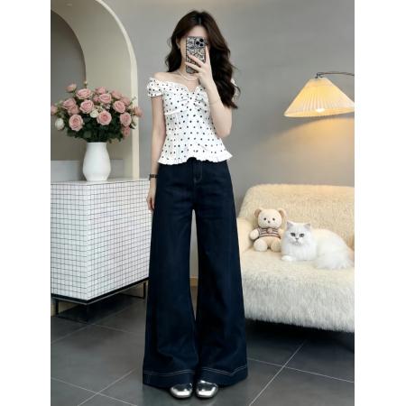BY18335# 夏日穿搭一整套女新款韩系ins设计感波点上衣阔腿牛仔裤套装  服裝批發女裝批發服飾貨源