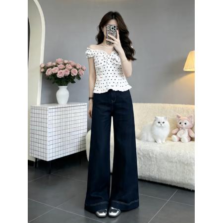 BY18335# 夏日穿搭一整套女新款韩系ins设计感波点上衣阔腿牛仔裤套装  服裝批發女裝批發服飾貨源